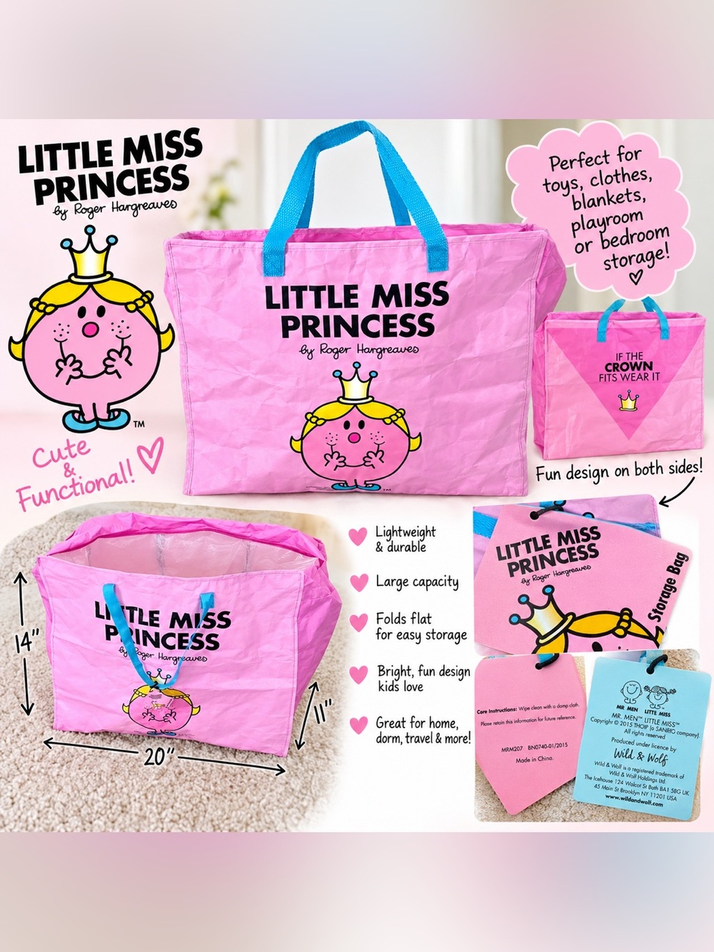 Little Miss Princess Pink Kids Tote Bag with Blue Handles